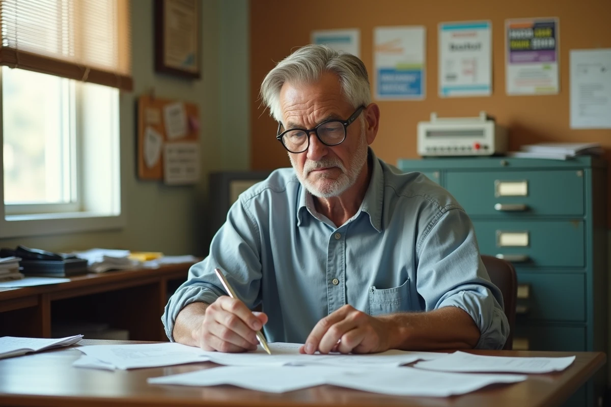Directeur d'animation en maison de jeunesse examinant des plannings d'activités, bureau encombré et atmosphère authentique
