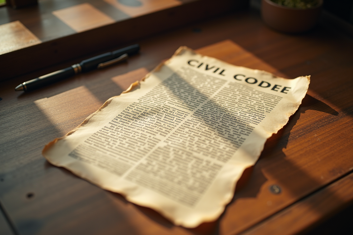 Document de code civil ancien sur un bureau vintage en lumière naturelle