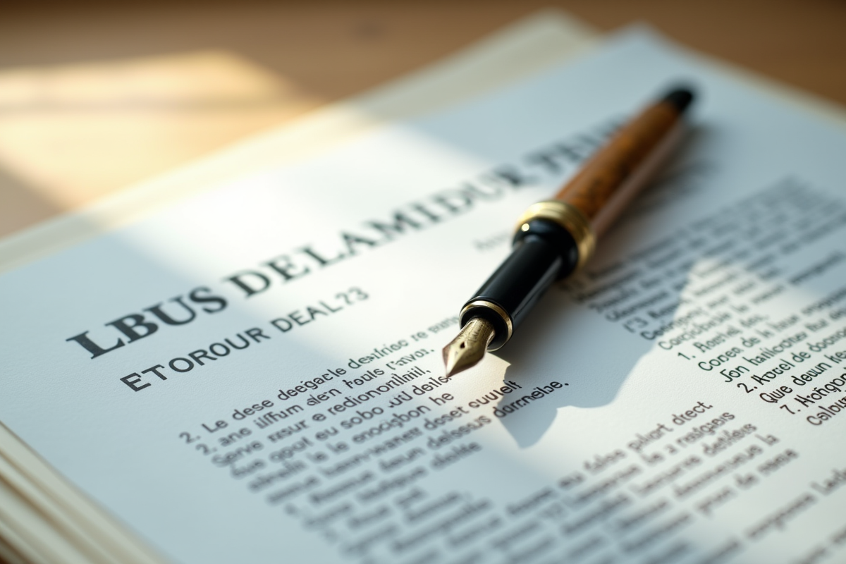 Documents juridiques empiles avec une plume sur fond lumineux