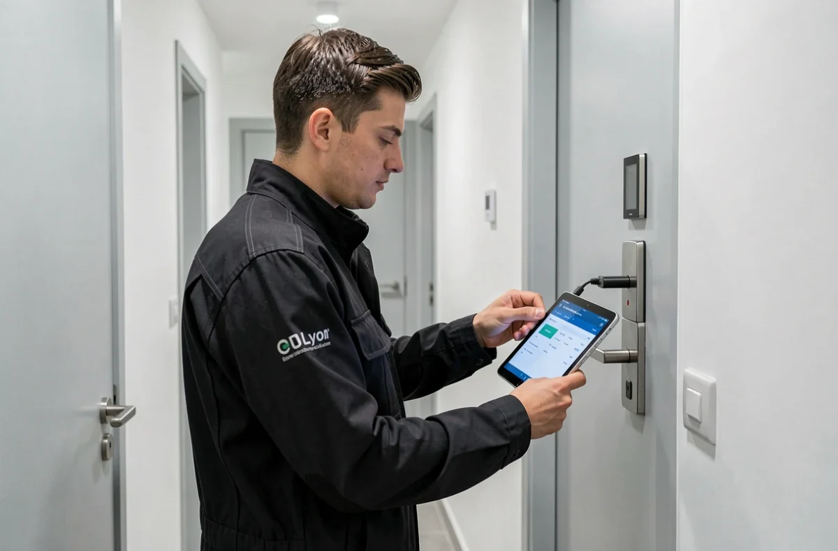 Technicien de Dr Key Pro configurant une serrure électronique connectée dans un appartement moderne lyonnais