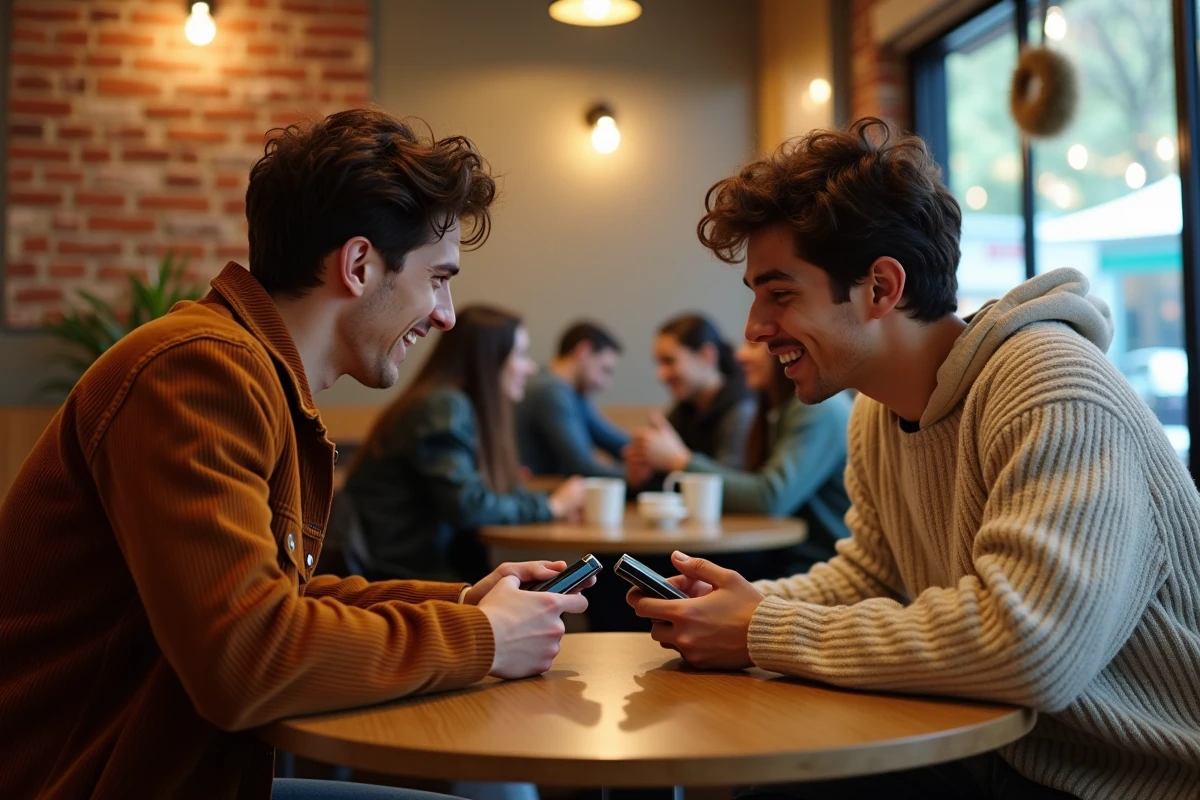 Deux amis jouant à un duel Pokémon sur console portable dans un café urbain aux murs en briques
