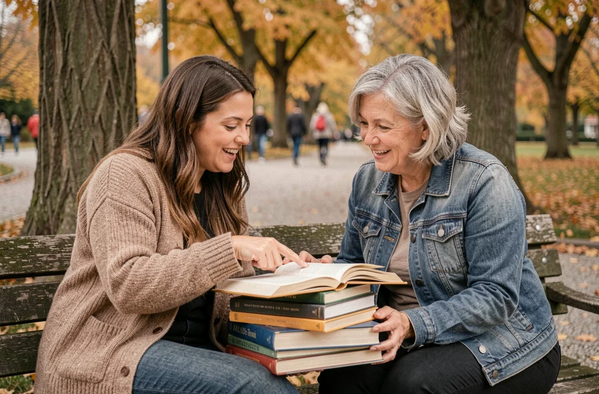 Deux lectrices échangeant leurs avis et critiques sur des livres des éditions ACALA dans un parc en automne