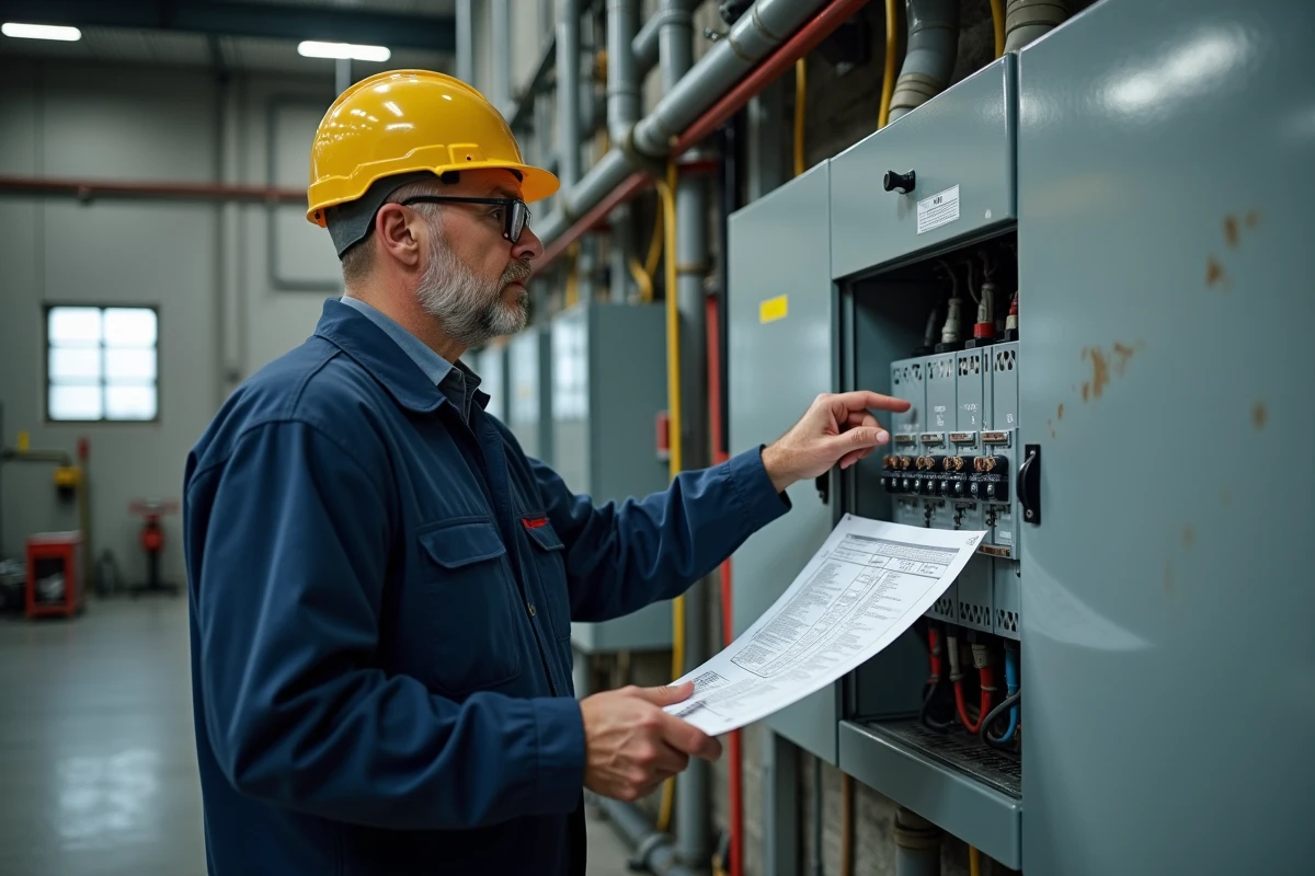 Électricien professionnel inspectant un tableau disjoncteur triphasé dans un bâtiment industriel