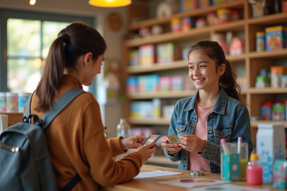 Enfant achetant un jouet avec ses économies au magasin