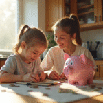 Enfant et parent comptant des pièces à la maison pour économiser