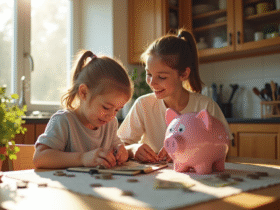 Enfant et parent comptant des pièces à la maison pour économiser