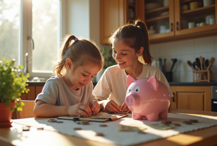 Enfant et parent comptant des pièces à la maison pour économiser
