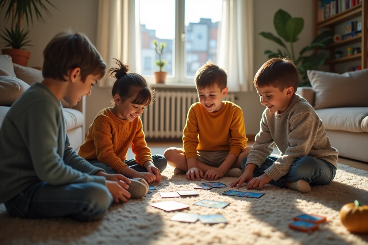 Enfants échangeant des cartes Pokémon dans un salon cosy