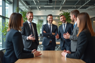 Groupe de professionnels divers en discussion dans un bureau moderne