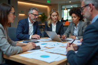 Groupe de professionnels IT discutant de salaires en réunion