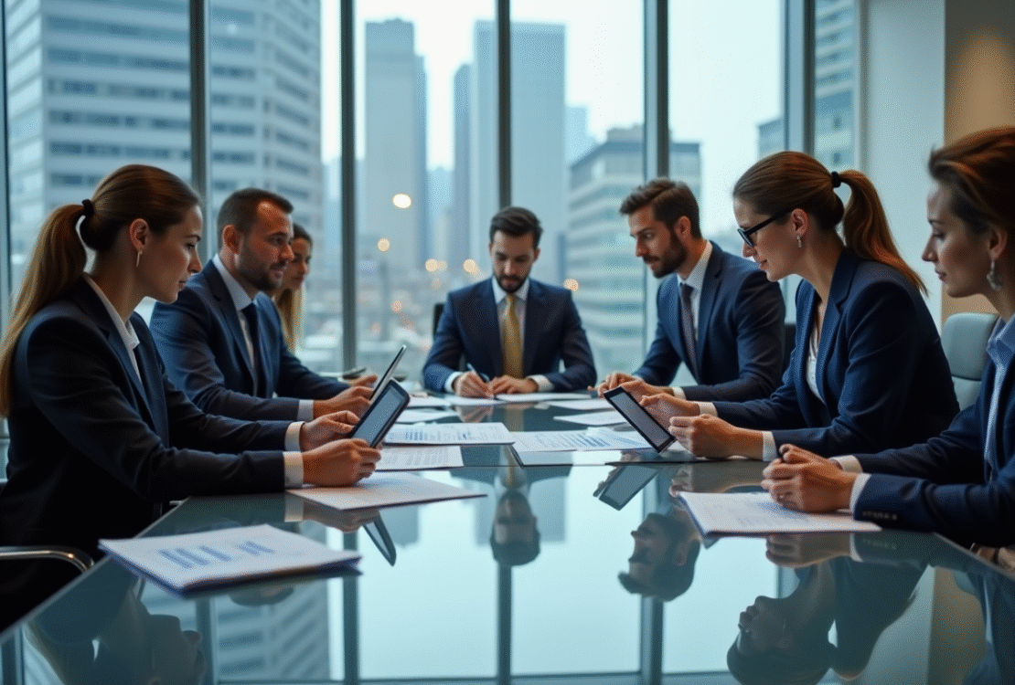 Groupe de professionnels analysant des graphiques en réunion