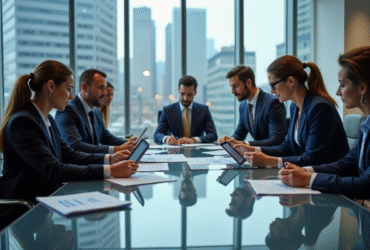 Groupe de professionnels analysant des graphiques en réunion