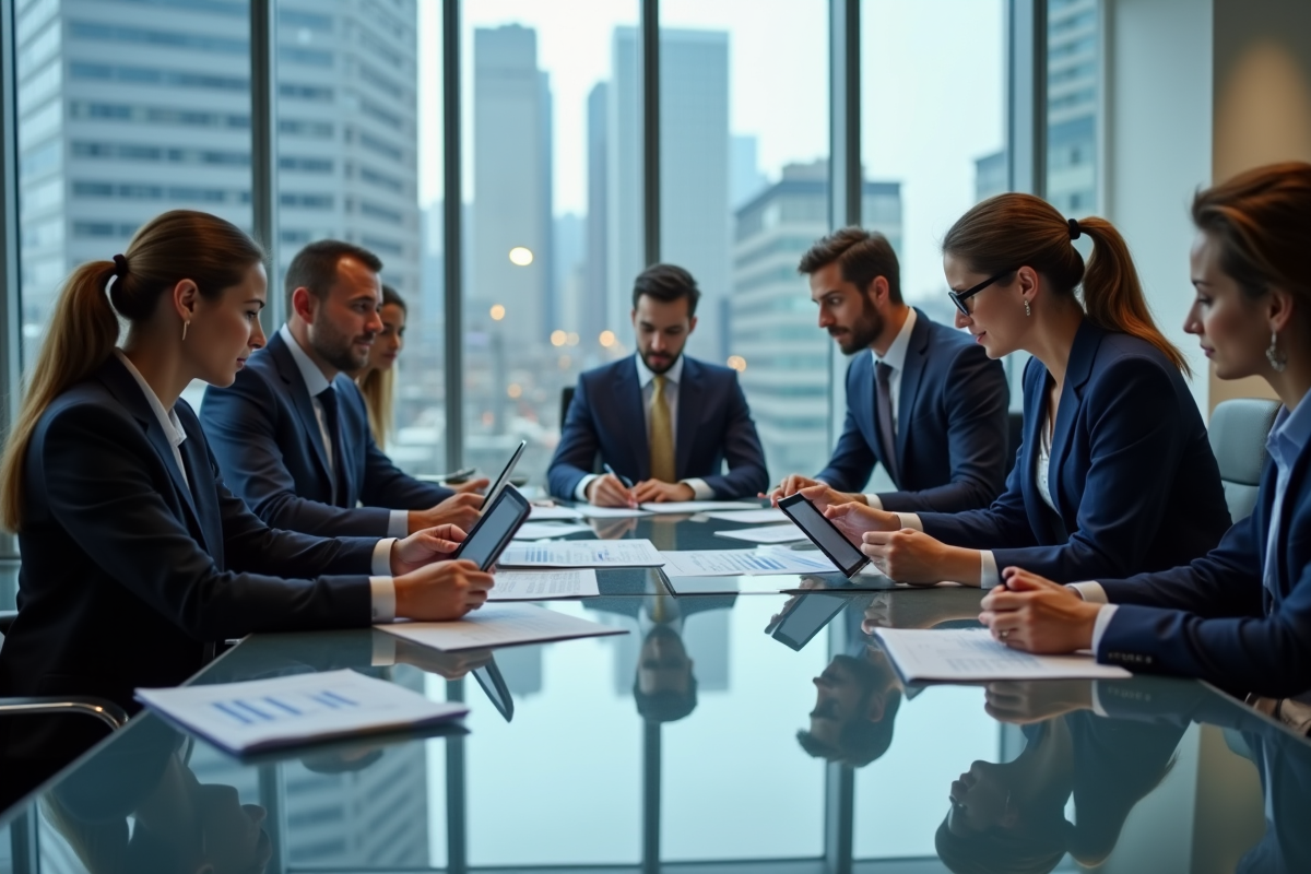 Groupe de professionnels analysant des graphiques en réunion