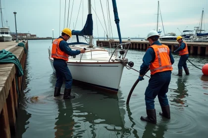 Equipe de secours maritime en action autour d'un bateau échoué