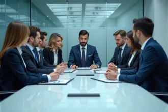 Groupe de dirigeants en réunion dans une salle moderne