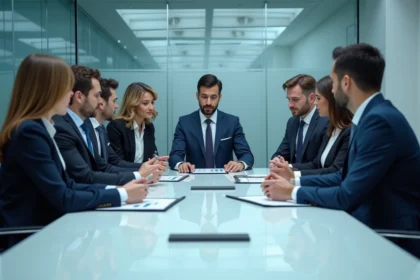 Groupe de dirigeants en réunion dans une salle moderne