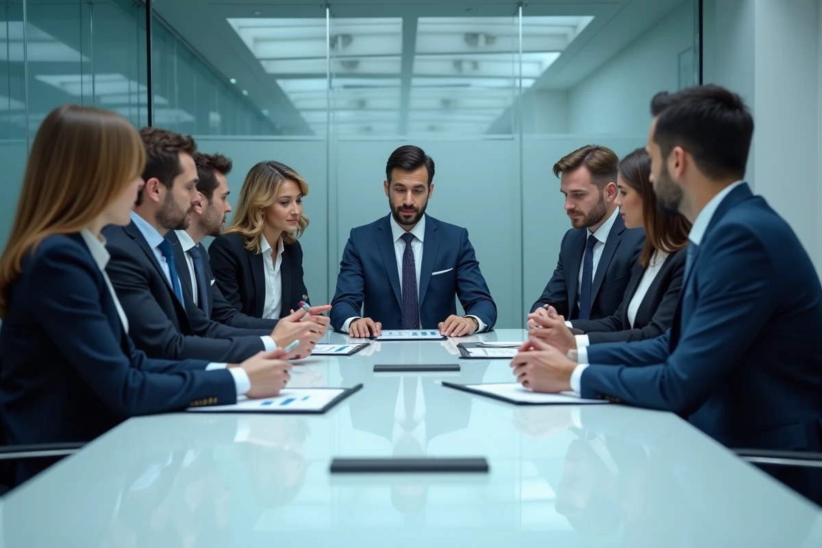 Groupe de dirigeants en réunion dans une salle moderne