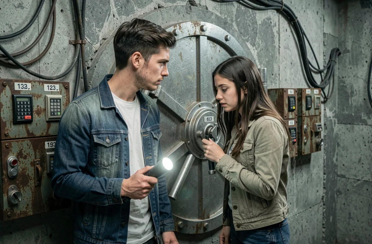 Couple tentant d'ouvrir une porte de coffre-fort dans un escape game ambiance bunker industriel en Gironde