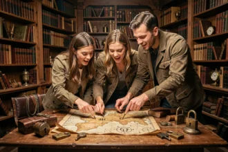 Groupe de joueurs adultes concentrés sur des énigmes dans un escape game thème victorien en Gironde