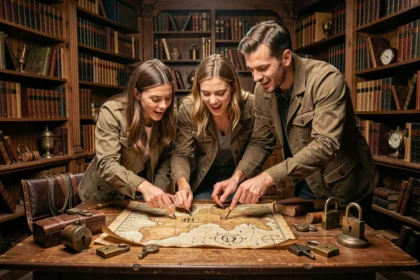 Groupe de joueurs adultes concentrés sur des énigmes dans un escape game thème victorien en Gironde