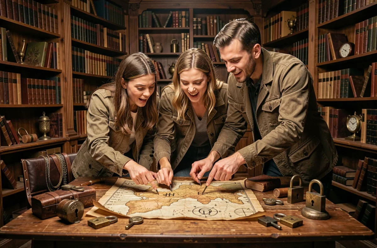 Groupe de joueurs adultes concentrés sur des énigmes dans un escape game thème victorien en Gironde