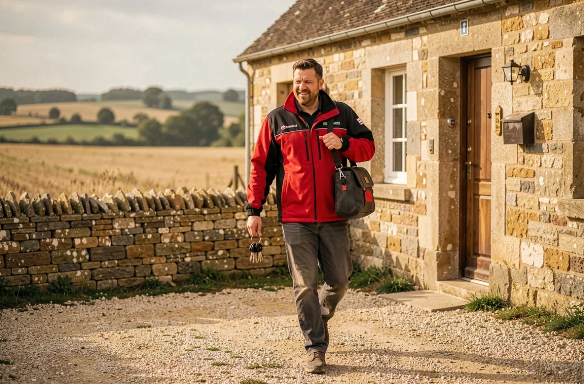 Technicien d'Etienne Services arrivant en urgence devant une maison de campagne dans le sud de l'Indre-et-Loire