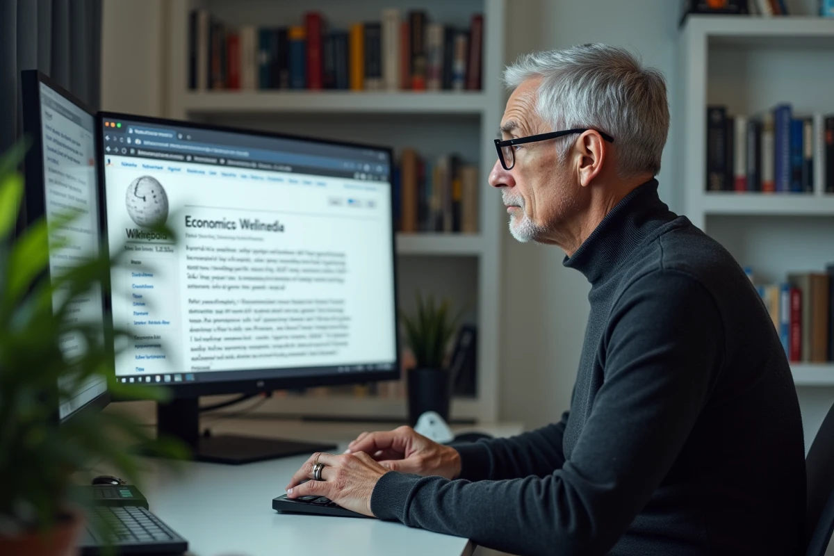 Expert en économie consultant une page Wikipédia sur un grand écran dans un bureau moderne et épuré