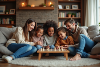 Famille recomposée jouant à un jeu de société dans un salon chaleureux
