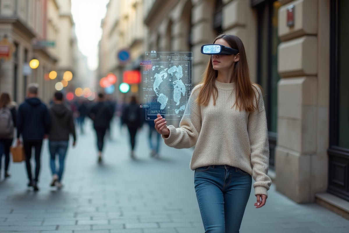 Jeune femme avec lunettes AR dans la ville animée