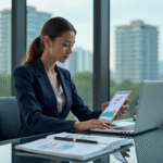 Femme d'affaires analysant des graphiques de taux de credit