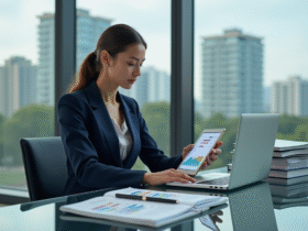 Femme d'affaires analysant des graphiques de taux de credit