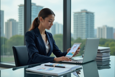 Femme d'affaires analysant des graphiques de taux de credit