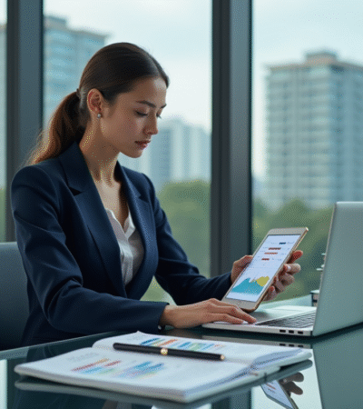 Femme d'affaires analysant des graphiques de taux de credit
