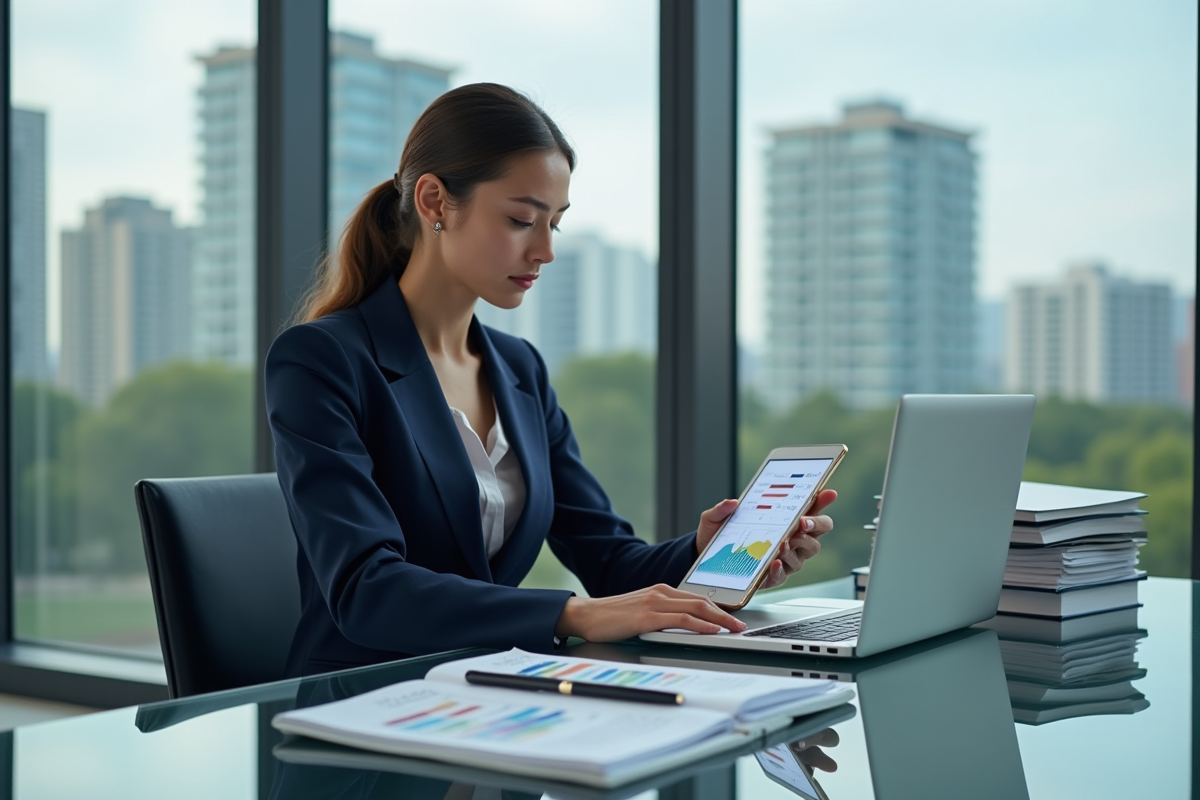 Femme d'affaires analysant des graphiques de taux de credit