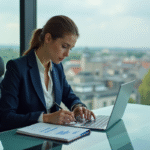 Femme d'affaires en costume lisant des graphiques financiers