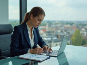 Femme d'affaires en costume lisant des graphiques financiers