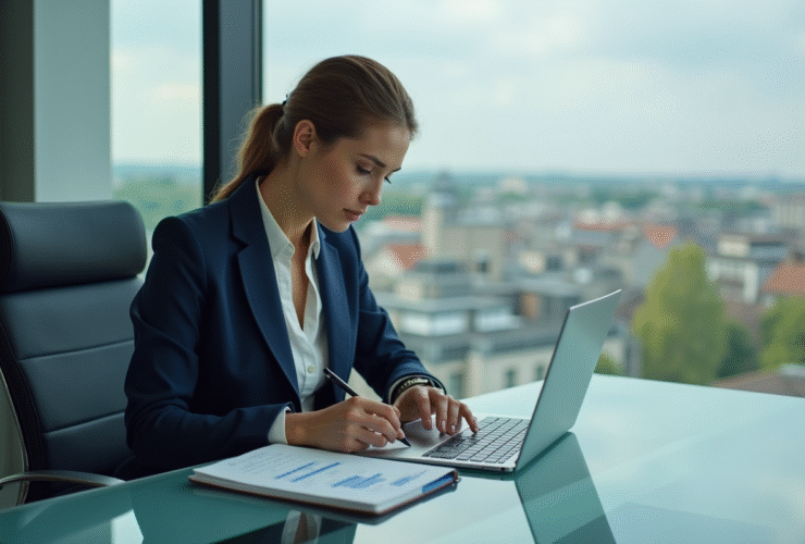 Femme d'affaires en costume lisant des graphiques financiers