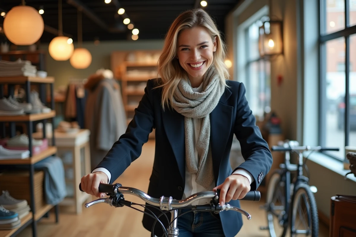 Jeune femme souriante inspectant un vélo d