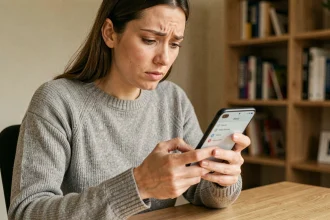 Femme tenant un smartphone Android et naviguant dans les paramètres pour bloquer un numéro indésirable