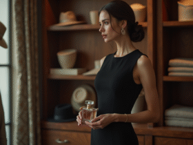 Femme élégante dans une boutique parisienne en noir