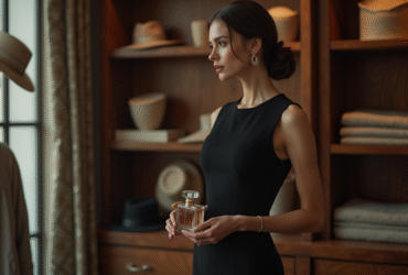 Femme élégante dans une boutique parisienne en noir