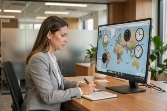 Femme professionnelle consultant une carte des fuseaux horaires mondiaux sur son écran de bureau avec les horloges de Singapour et d'autres grandes villes