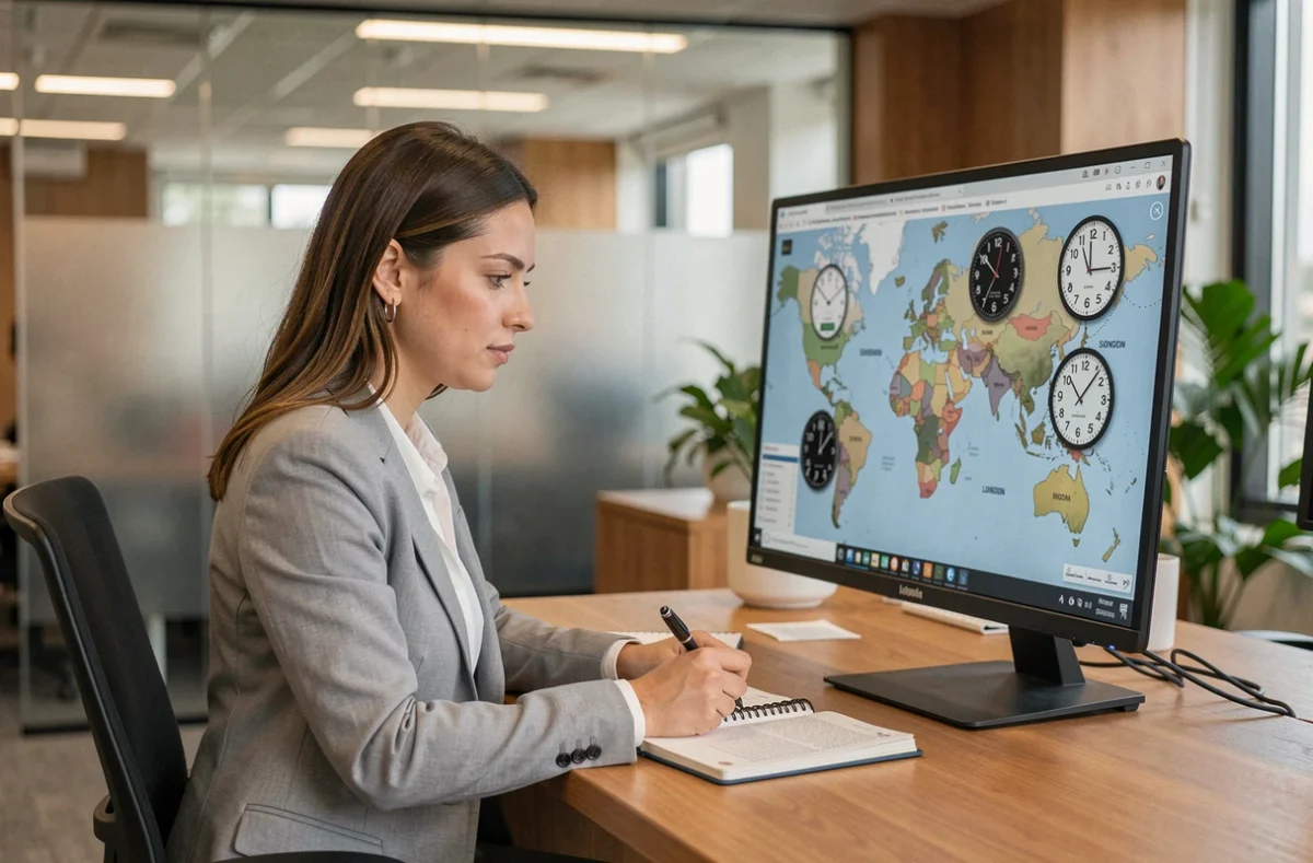 Femme professionnelle consultant une carte des fuseaux horaires mondiaux sur son écran de bureau avec les horloges de Singapour et d'autres grandes villes
