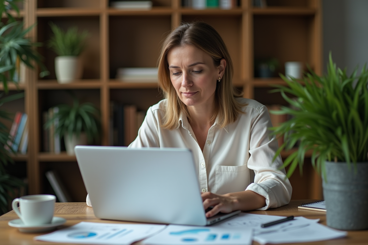 Femme d affaires étudie des graphiques dans son bureau