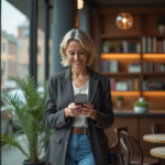 Femme d'âge moyen dans un café moderne en ville utilisant son smartphone