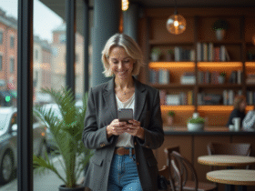 Femme d'âge moyen dans un café moderne en ville utilisant son smartphone
