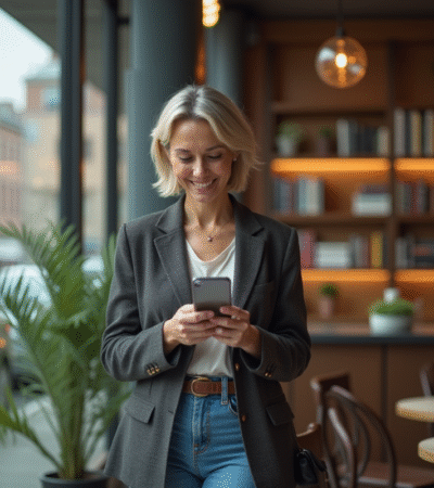 Femme d'âge moyen dans un café moderne en ville utilisant son smartphone