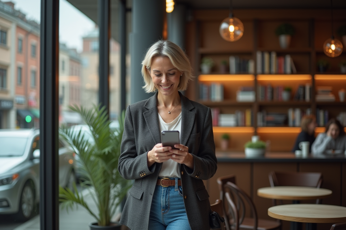 Femme d'âge moyen dans un café moderne en ville utilisant son smartphone