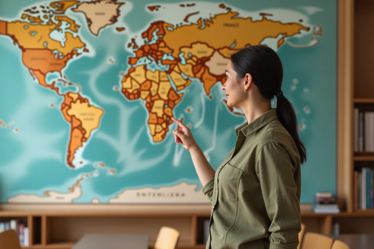 Femme pointant du doigt une carte du monde murale montrant la France et les Philippines dans une salle moderne