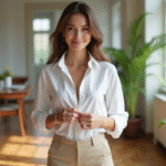 Femme élégante en chemise blanche dans un appartement lumineux